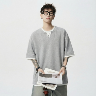 宽松情侣百搭半袖 T恤男美式 体恤 潮牌假两件拼接短袖 悟空有货夏季