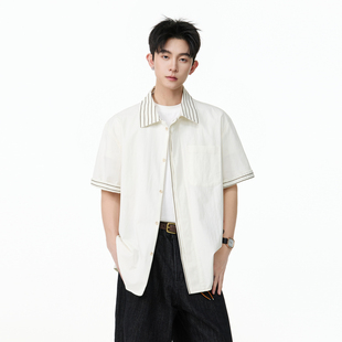 男女潮牌宽松休闲百搭衬衣 衬衫 悟空有货夏季 街头嘻哈条纹拼接短袖