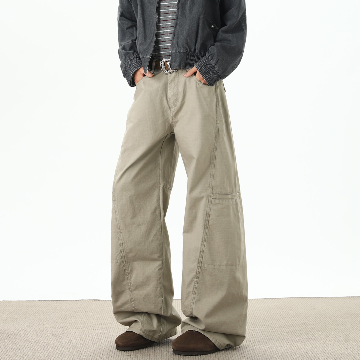 潮牌水洗做旧拼接直筒工装裤男