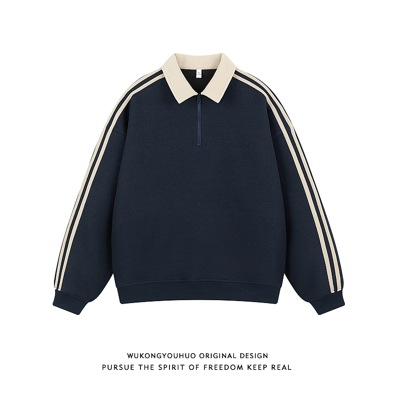 美式复古三条杠半拉链polo领卫衣