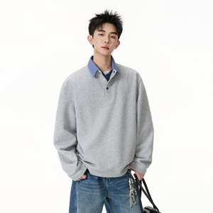 悟空有货春季复古口袋半开领假两件卫衣男潮牌宽松情侣休闲套头衫