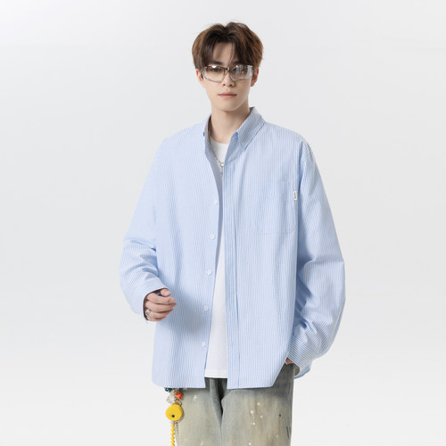 复古日系竖条纹长袖衬衫男秋季