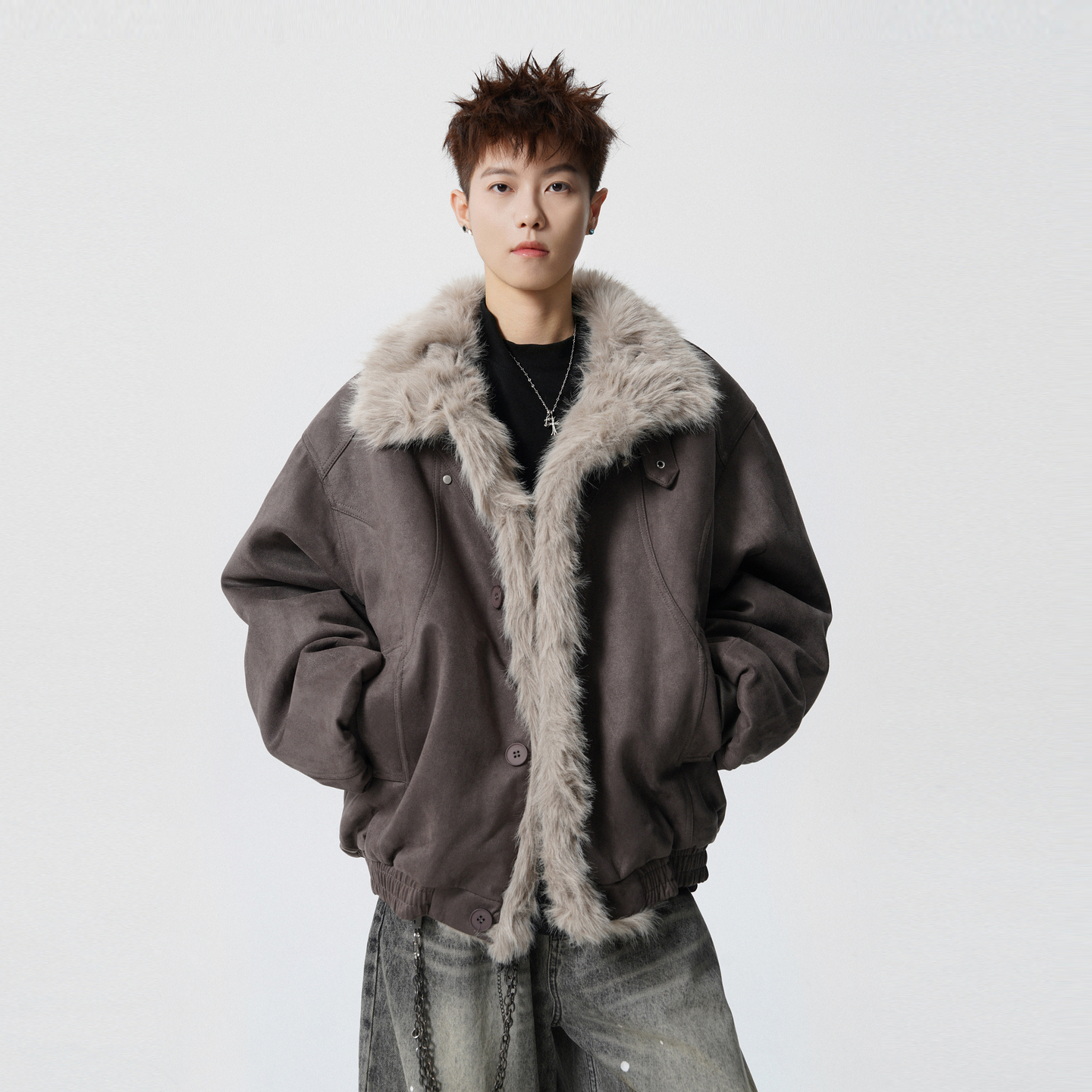 美式座山雕麂皮绒解构加厚棉服男