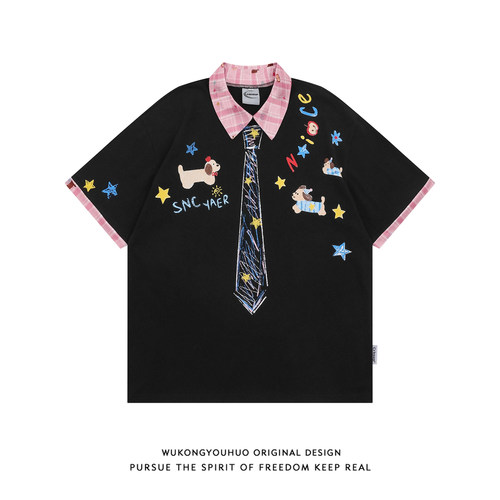 ins风小狗领带涂鸦POLO衫短袖T恤