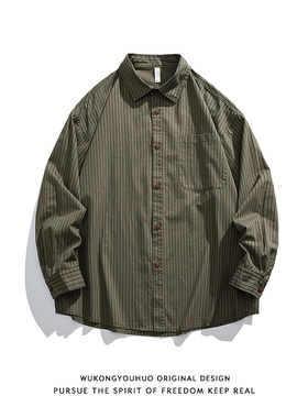 悟空有货复古日系竖条纹长袖衬衫男女秋季宽松bf休闲情侣衬衣外套