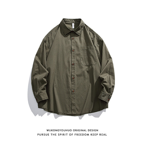 复古日系竖条纹长袖衬衫男女