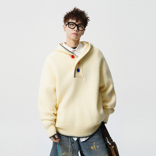 悟空有货多巴胺撞色纽扣半开衫连帽毛衣男女秋冬潮牌情侣针织外套