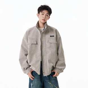 悟空有货美式复古雾面扎染PU皮外套男潮牌街头宽松立领机车服夹克