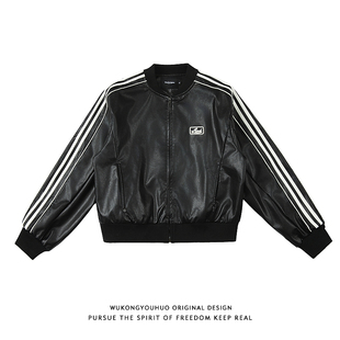 复古PU皮三条杠棒球服夹克男女潮牌短宽机车皮衣外套 悟空有货美式