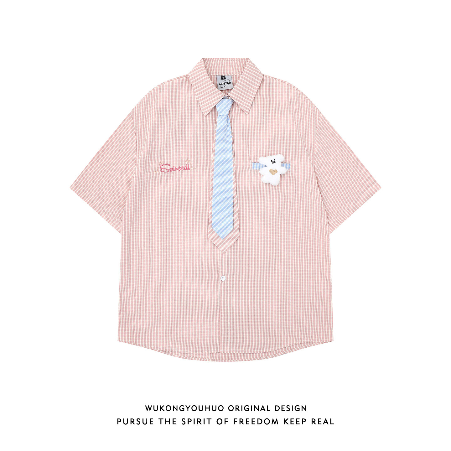 悟空有货夏季潮牌格子刺绣领带短袖衬衫男女潮牌情侣宽松半袖衬衣