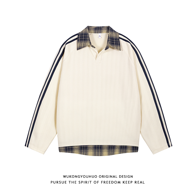 美式复古格子拼接假两件polo卫衣