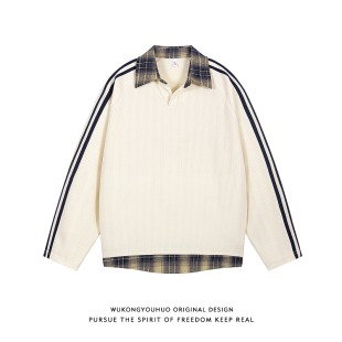 卫衣男学院风条纹翻领长袖 悟空有货美式 复古格子拼接假两件polo衫