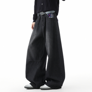 男宽松潮流百搭阔腿休闲长裤 悟空有货潮牌美式 水洗做旧弯刀牛仔裤
