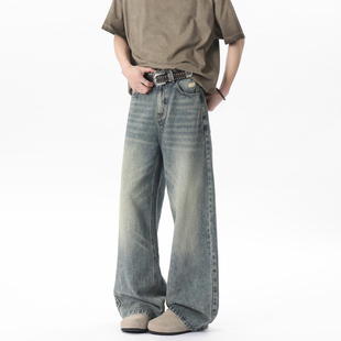 男街头cleanfit阔腿百搭长裤 悟空有货潮牌美式 水洗做旧直筒牛仔裤