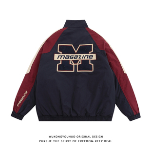 悟空有货美式 刺绣字母拼接夹棉棉衣男女复古宽松潮流百搭加厚外套