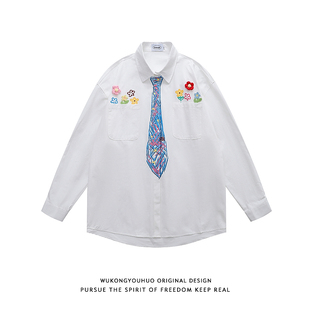 男ins小众潮牌学院风情侣衬衣 衬衫 悟空有货美式 手绘涂鸦领带长袖