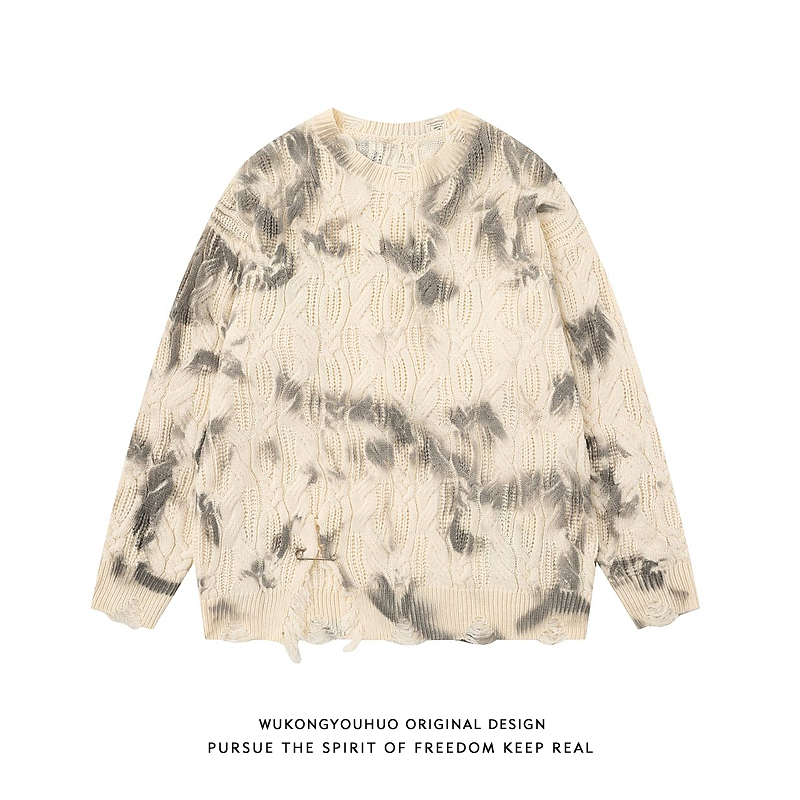 街头废土风扎染破洞圆领毛衣