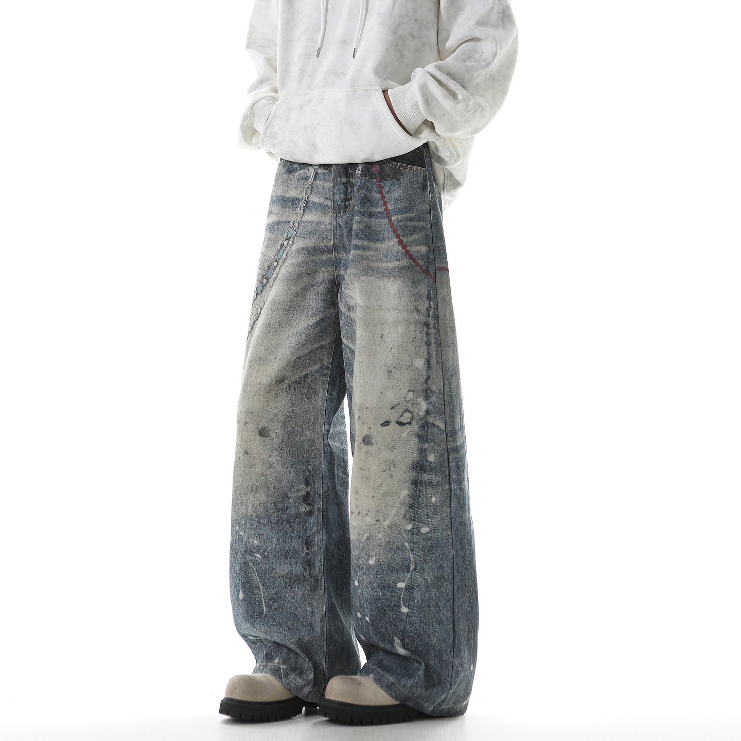 潮牌美式水洗做旧直筒牛仔裤宽松