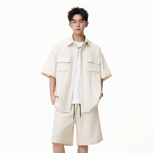松弛感工装短袖衬衫休闲套装男