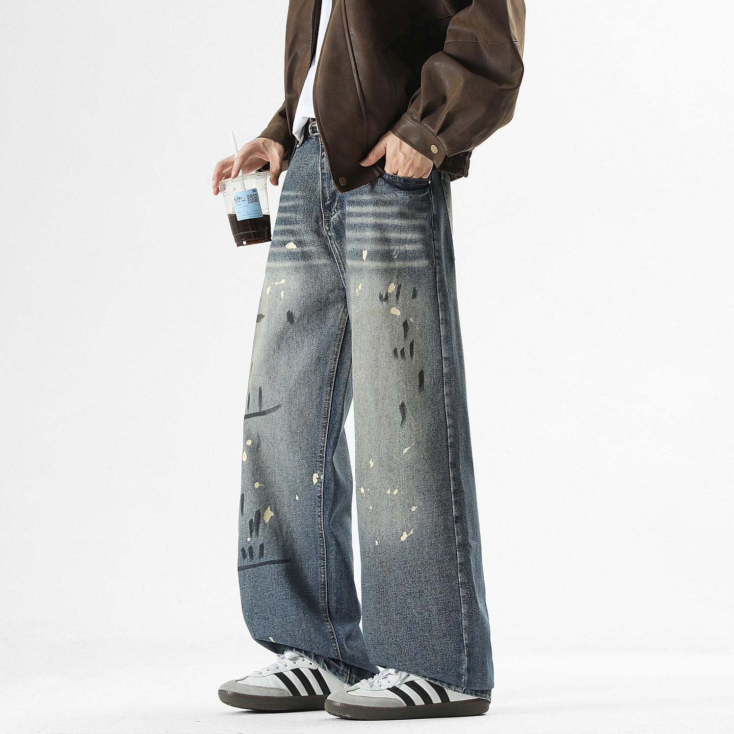 悟空有货潮牌美式泼墨水洗直筒牛仔裤男复古宽松潮流百搭阔腿长裤,男装,牛仔裤,淘宝优惠券,粉丝福利购,淘宝优惠卷