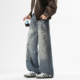 男复古宽松潮流百搭阔腿长裤 悟空有货潮牌美式 泼墨水洗直筒牛仔裤