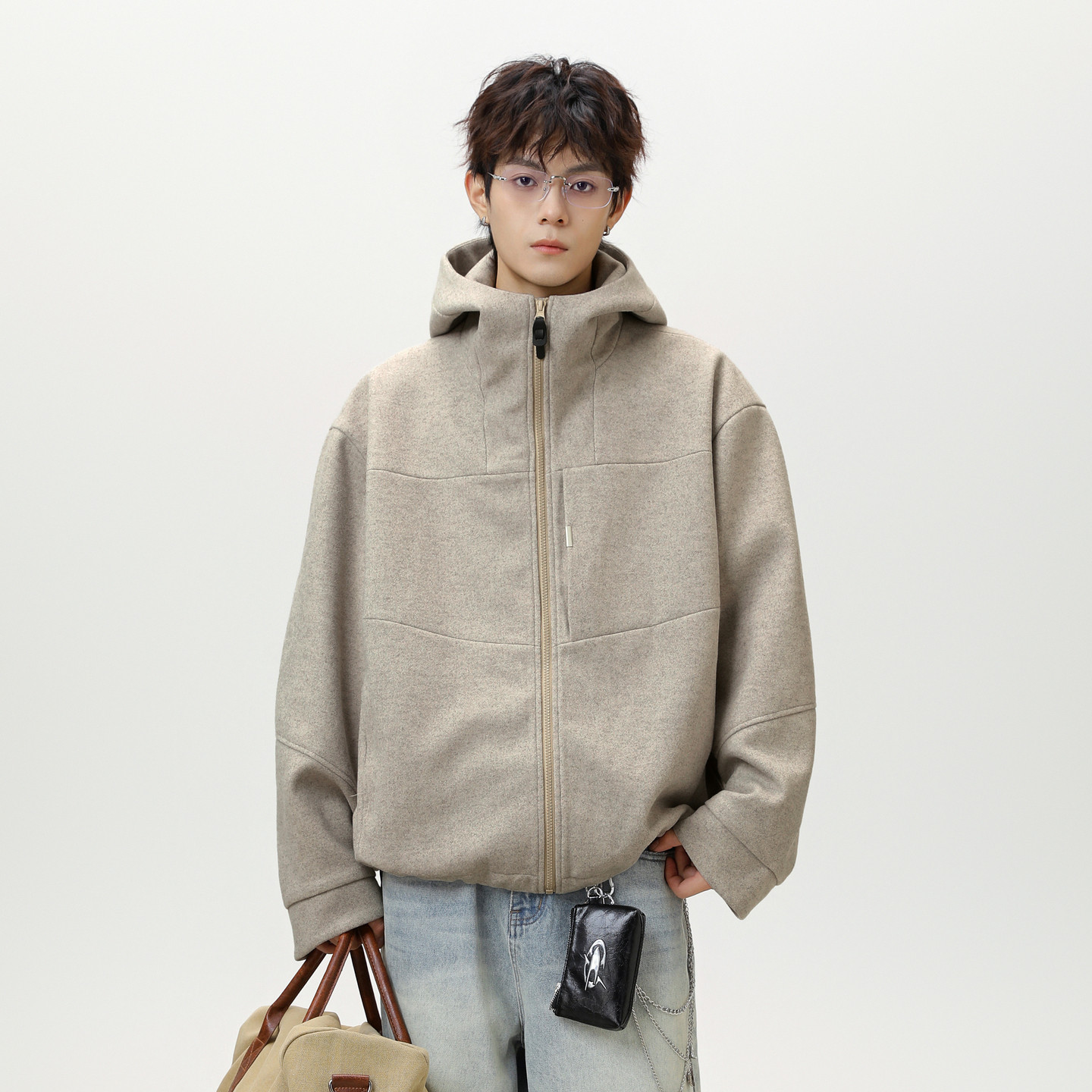 悟空有货高级感纯色老钱风毛呢夹克男女秋季短款廓形拉链连帽外套,男装,夹克,淘宝优惠券,粉丝福利购,淘宝优惠卷