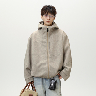 悟空有货高级感纯色老钱风毛呢夹克男女秋季短款廓形拉链连帽外套