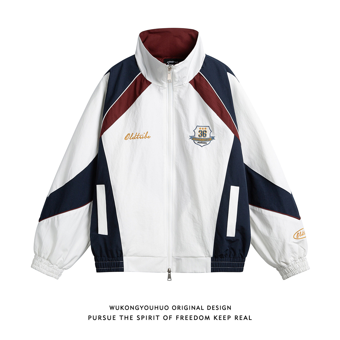 悟空有货潮牌拼接刺绣立领夹克男女春季宽松情侣潮流百搭休闲外套