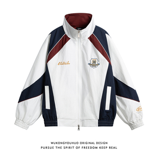 悟空有货潮牌拼接刺绣立领夹克男女春季 宽松情侣潮流百搭休闲外套