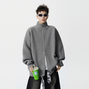 悟空有货潮牌美式复古重磅开衫立领毛衣男秋季宽松情侣针织衫外套