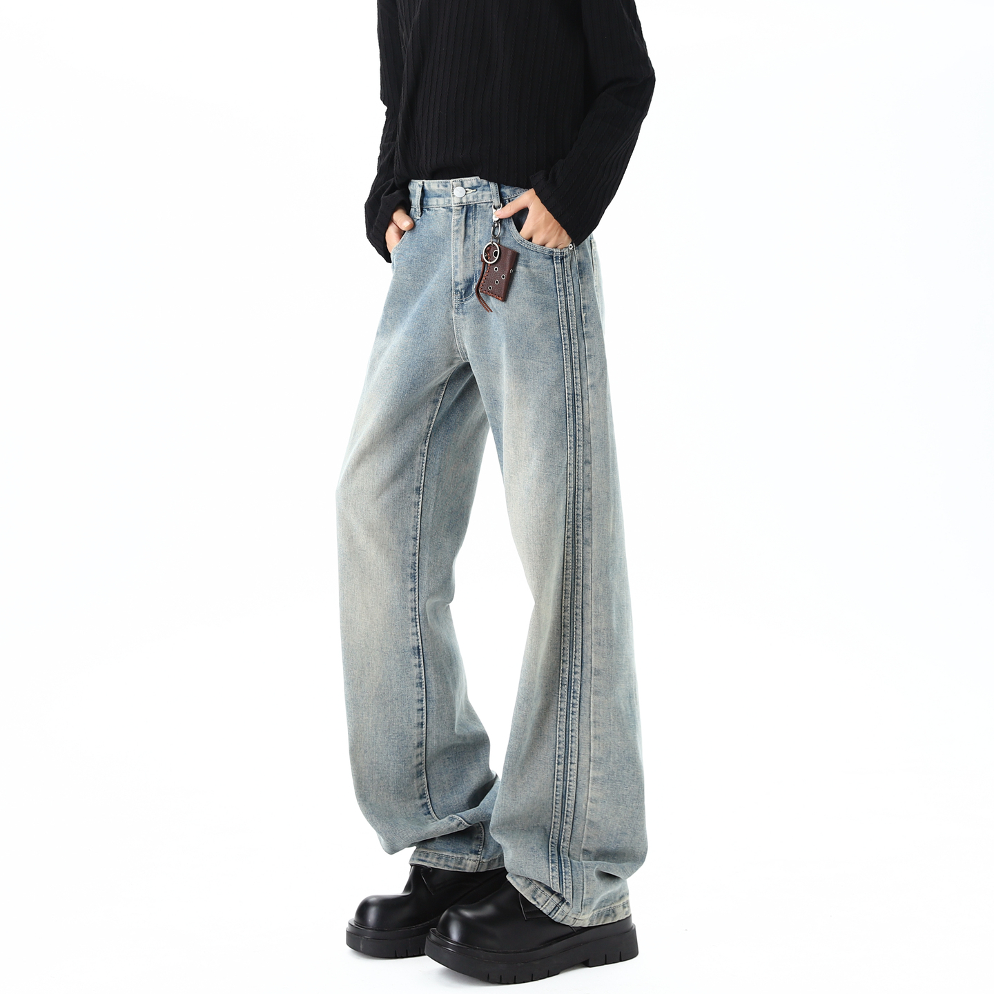 潮牌美式cleanfit水洗直筒牛仔裤