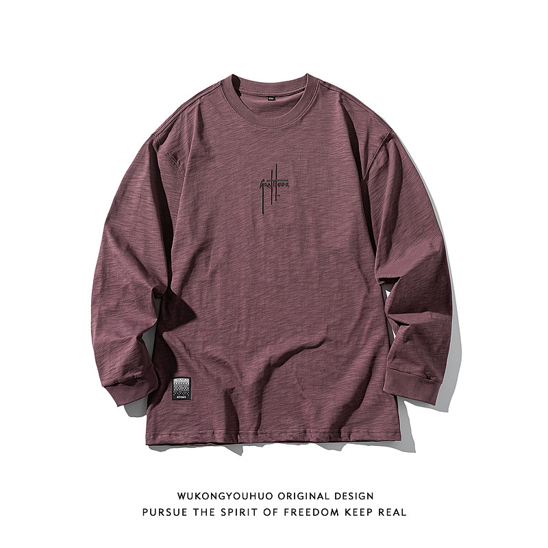 悟空有货美式复古刺绣字母竹节棉圆领长袖T恤男秋季宽松情侣上衣