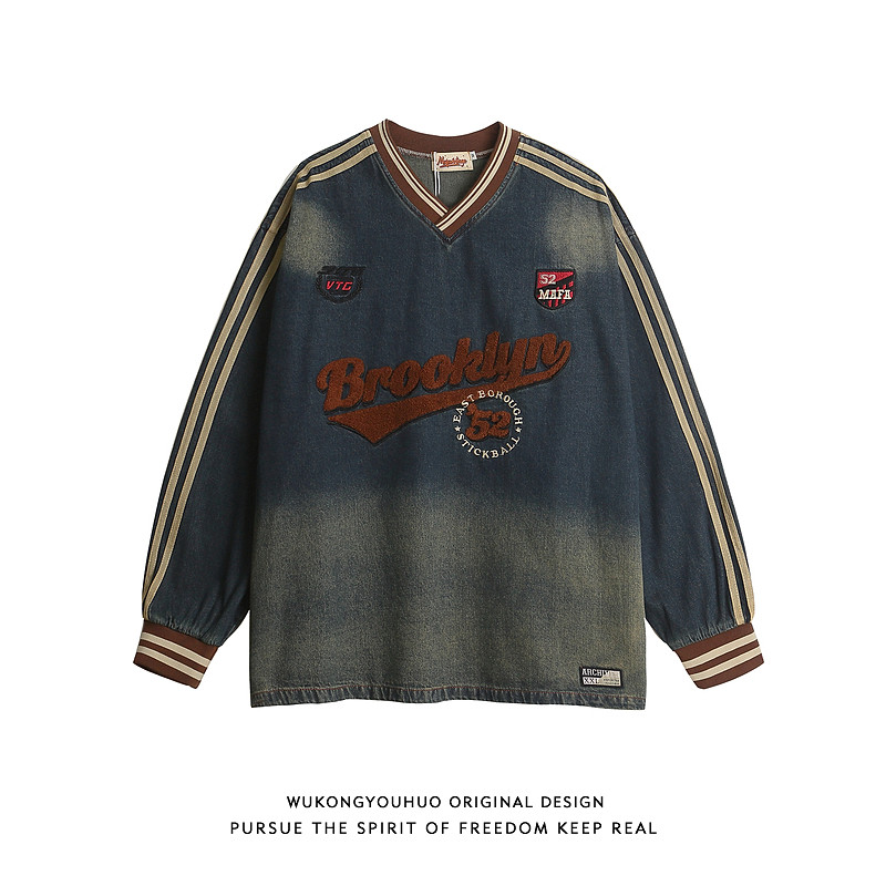 悟空有货美式潮牌毛巾绣V领牛仔卫衣男复古宽松水洗做旧百搭上衣,男装,卫衣,淘宝优惠券,粉丝福利购,淘宝优惠卷