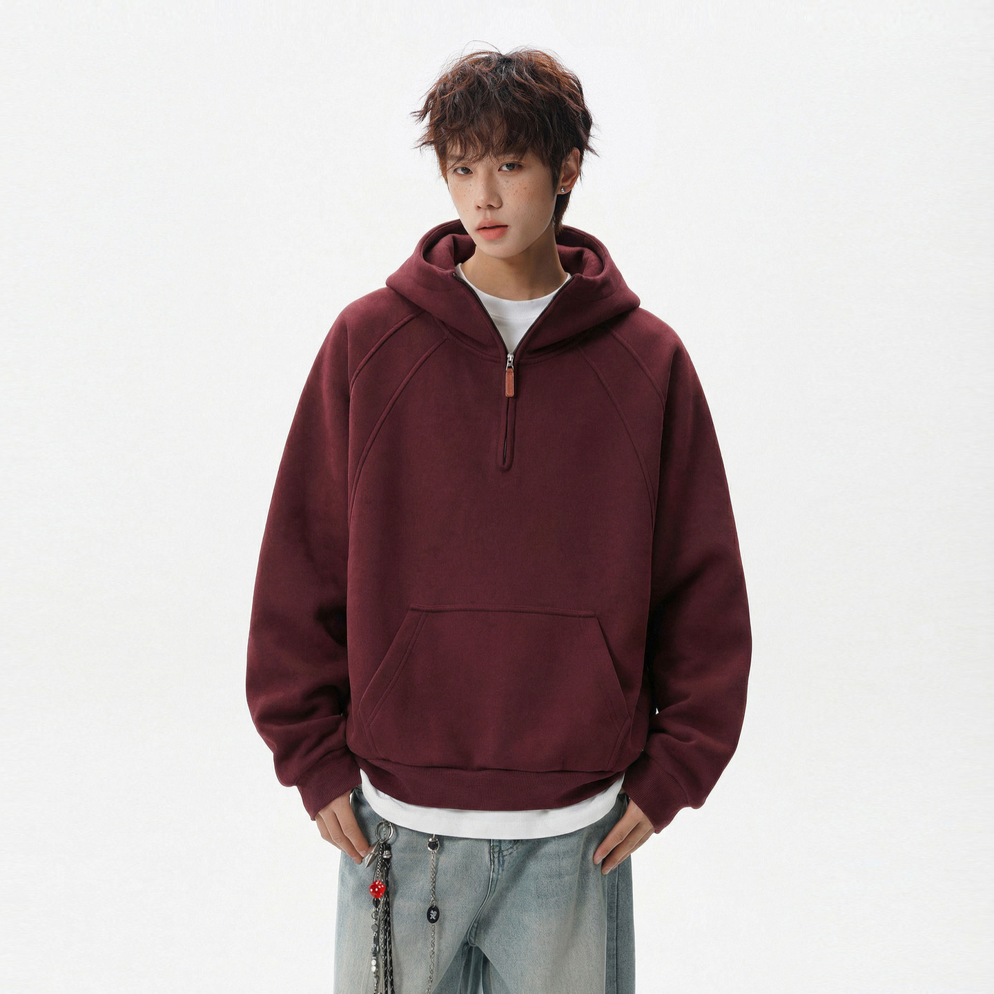 悟空有货潮牌美式复古重磅半拉链连帽卫衣男宽松情侣百搭套头帽衫