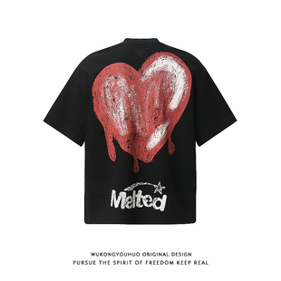 悟空有货欧美嘻哈骷髅爱心涂鸦短袖 T恤男潮牌宽松情侣休闲百搭tee