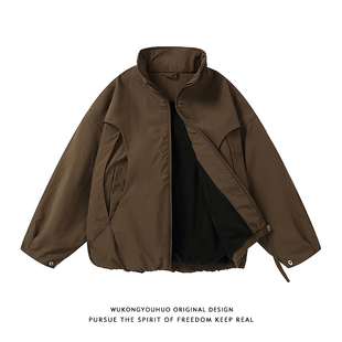 悟空有货潮牌冬季解构拼接设计感立领棉服男美式复古加绒外套棉衣