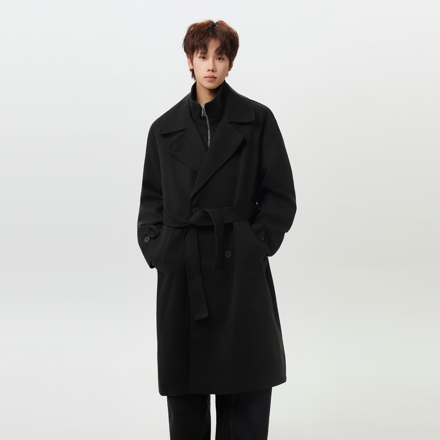 假两件拼接高级中长款毛呢大衣