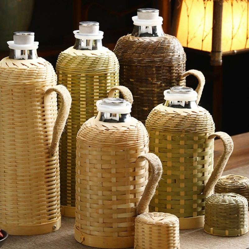 竹制保温瓶家用手工竹制传统软木热水壶茶室办公室保温瓶玻璃衬垫