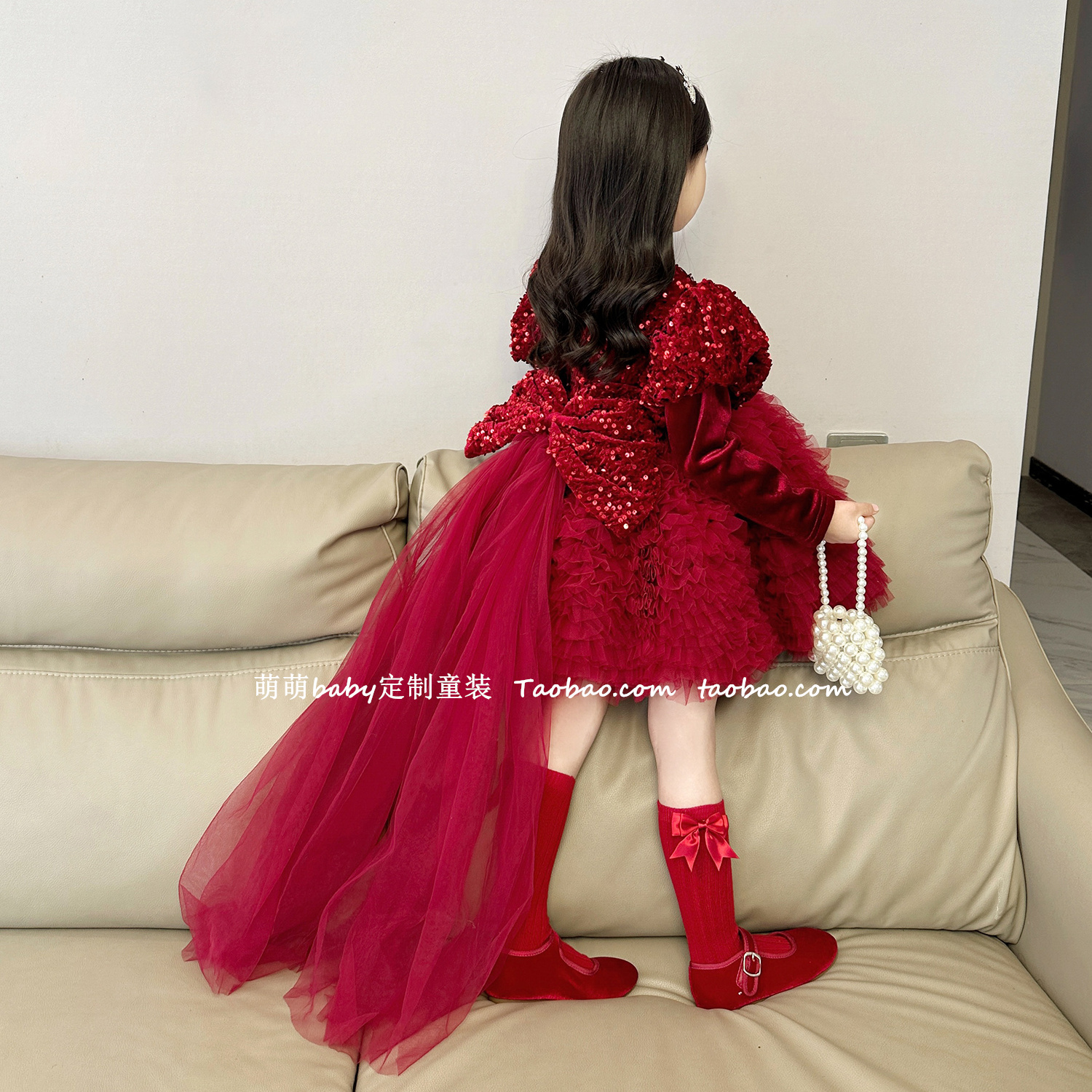 女童加绒网纱蛋糕裙圣诞裙2025秋冬女孩红色蝴蝶结亮片蓬蓬公主裙
