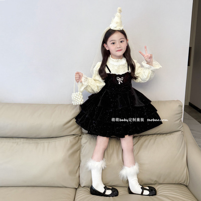 女童千金风假两件丝绒蛋糕裙