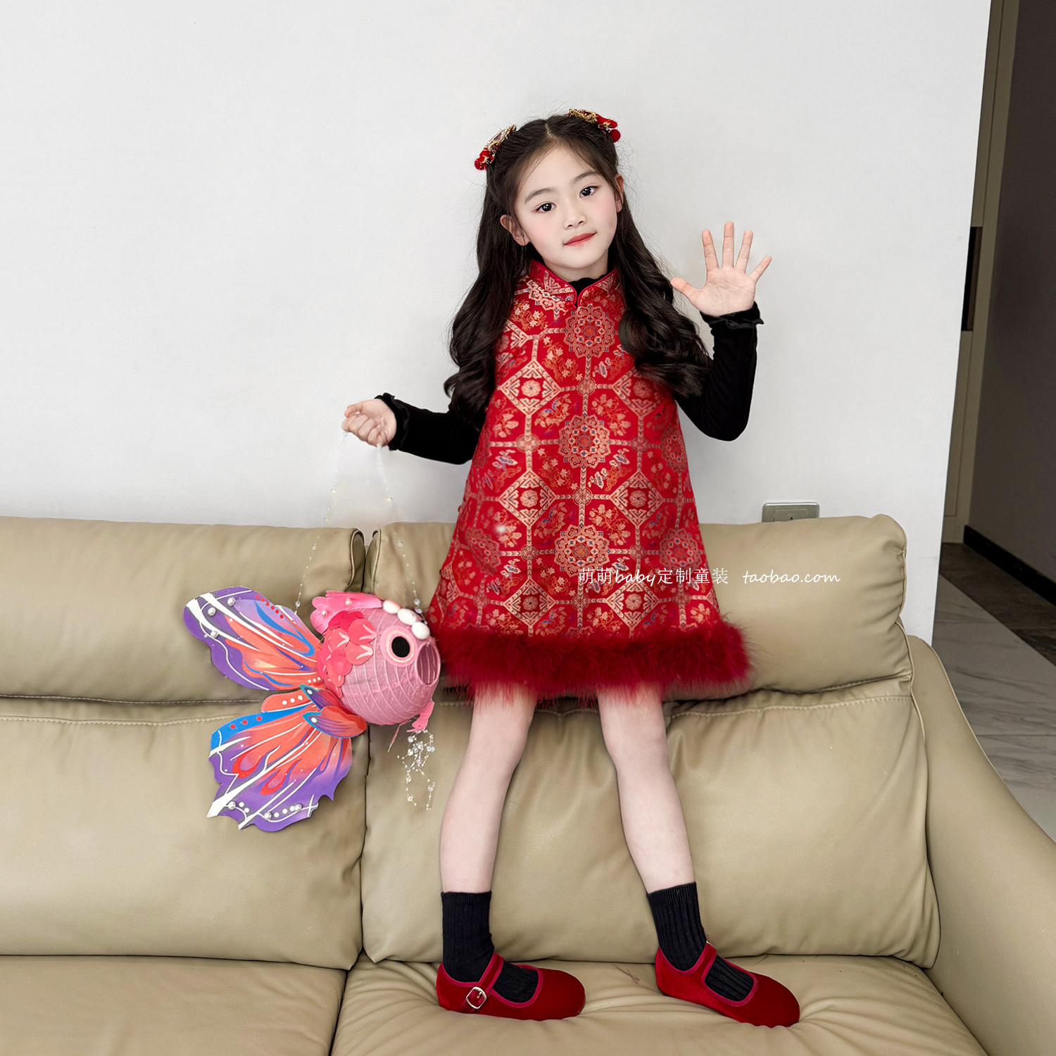 女童新中式提花夹棉旗袍裙冬季