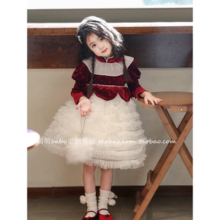 女童紅色絲絨花邊領(lǐng)網(wǎng)紗公主裙連衣裙2024秋冬兒童加絨圣誕蛋糕裙