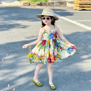 女童莫奈油画碎花吊带裙2025夏季新款小女孩韩版大花朵度假连衣裙