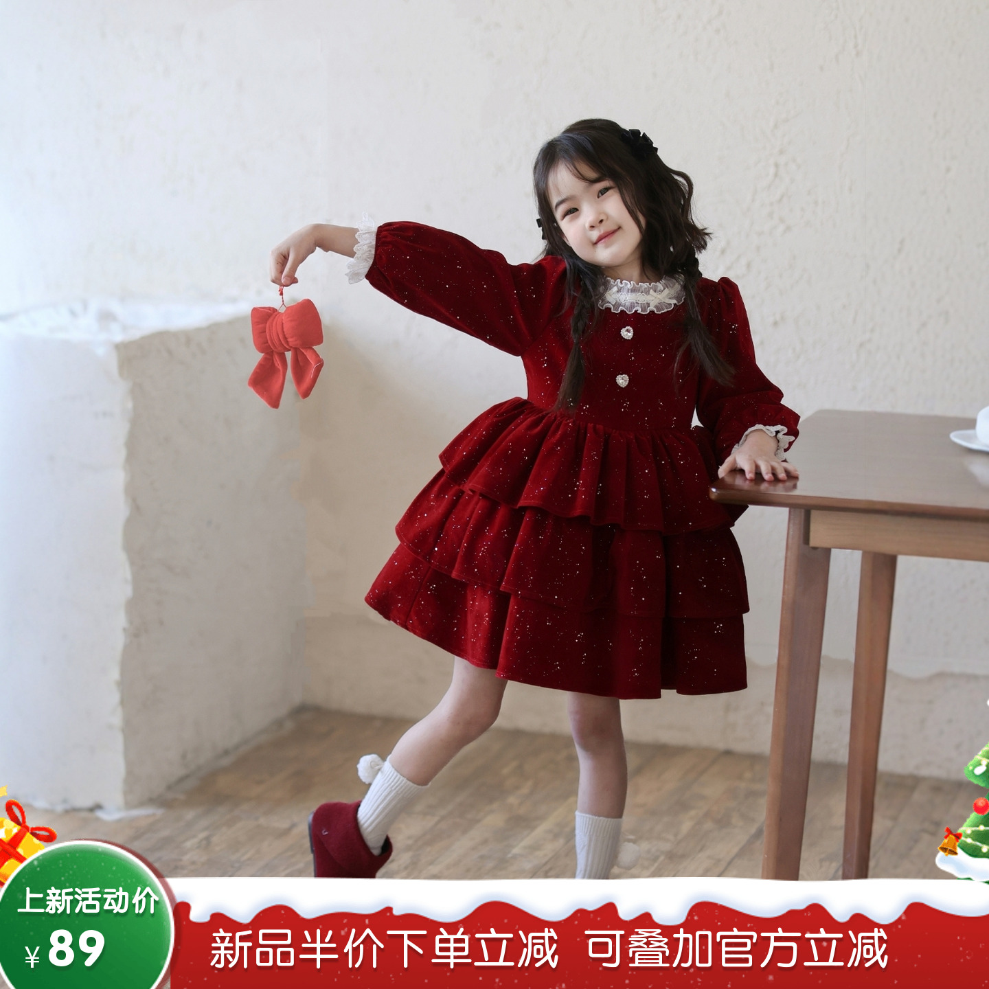 女童红色丝绒加绒新年蛋糕公主裙