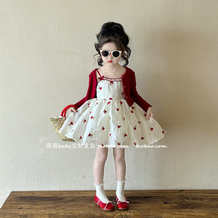 上衣吊带蓬蓬裙子套装 小女孩洋气开衫 碎花连衣裙2025新款 女童秋季
