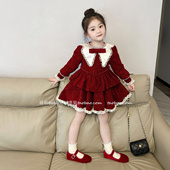 原创童装 女童丝绒闪闪加绒连衣裙2025秋冬新款 女孩蝴蝶结领公主裙