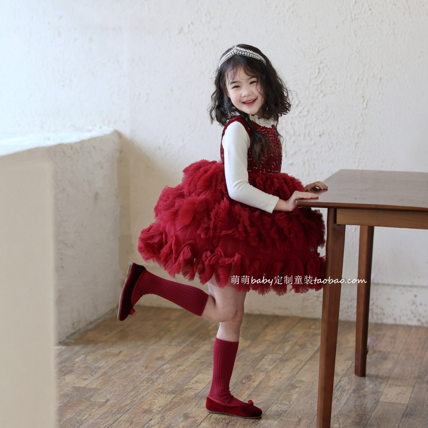 女童红色小香风网纱蛋糕裙加绒连衣裙2025冬季女孩新年蓬蓬公主裙