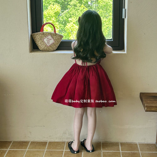 女童红色度假风吊带裙