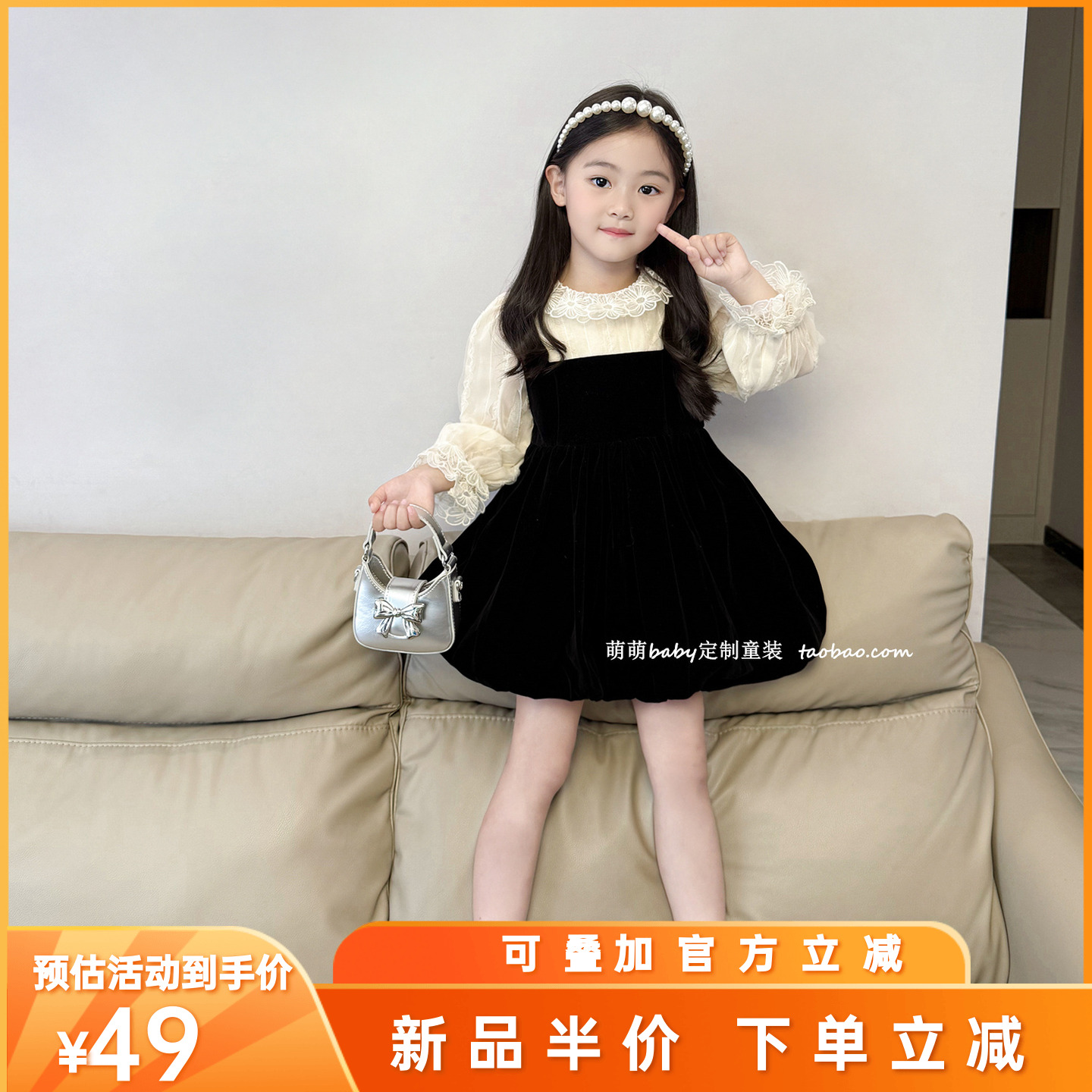 女童花边领假两件丝绒花苞裙2025秋冬新款儿童甜美千金风连衣裙子