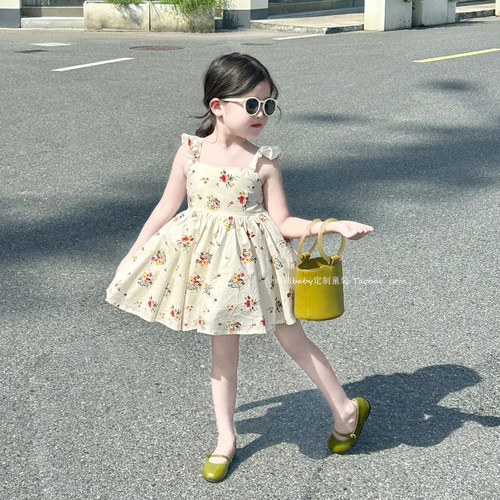 女童夏季碎花吊带飞袖公主裙